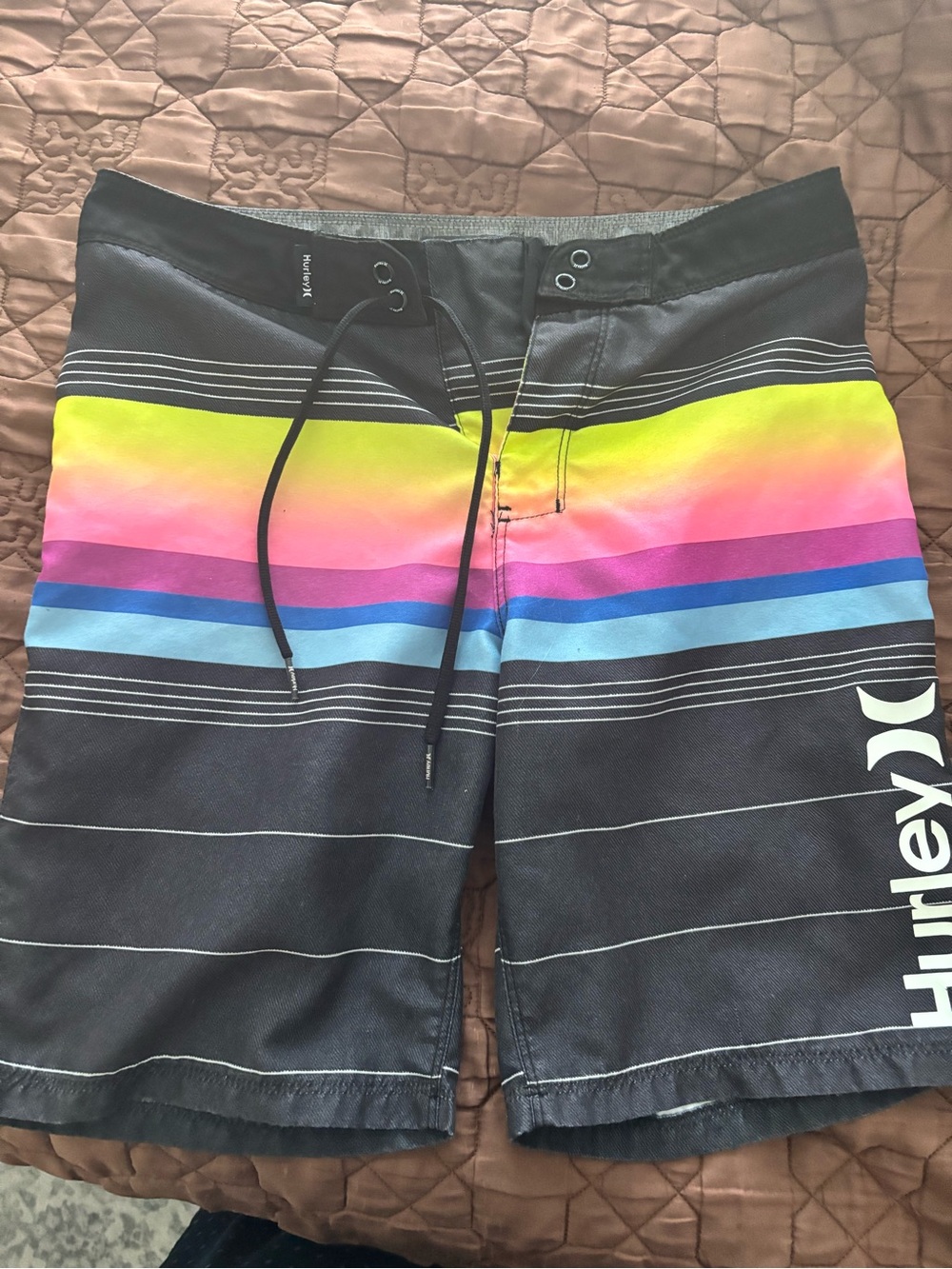 Hurley Men’s Black Board Shorts with Neon Rainbow Stripes